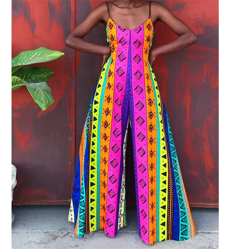 Afrika flare wanita musim panas baru Bodysuit tali Spaghetti celana panjang gaya Dashiki Ankara Jumpsuit mode jubah Indie Africaine