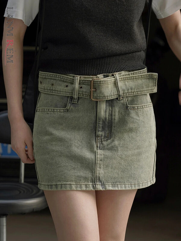 [LANMREM] rok Mini Denim pinggang tinggi cuci untuk wanita hijau A-line pakaian jalanan rok Vintage 2024 musim panas baru 26D8836