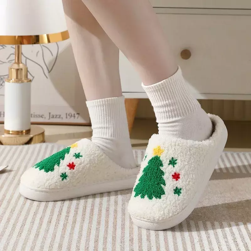 Christmas Slippers Fluffy Home Cute Christmas Tree Cozy Plush Slippers Winter Warm Anti-slip Flats Cotton Slippers for Women