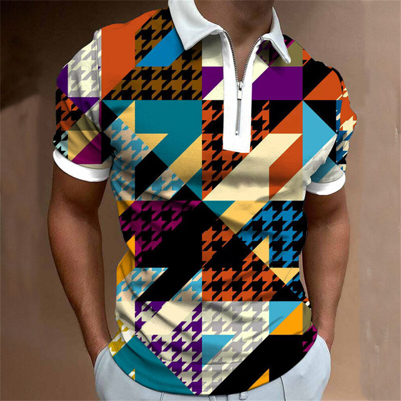 夏のジッパー付きメンズ半袖ラペル,デジタル印刷付きサマーポロシャツ
