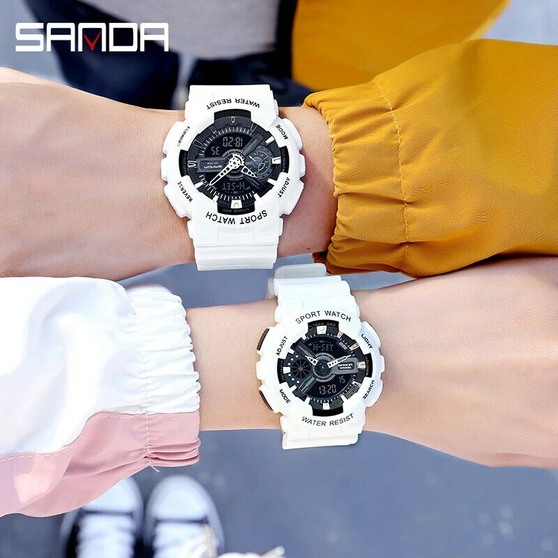 SANDA-새로운 패션 다기능 클래식 커플 시계, 듀얼 디스플레이 HD LED 발광 방수 시계 Reloj Hombre 2023