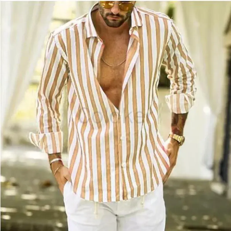 Camisas masculinas de gola comprida listrada, cardigã de peito único, tops para viagem à praia, moda casual, todas as estações