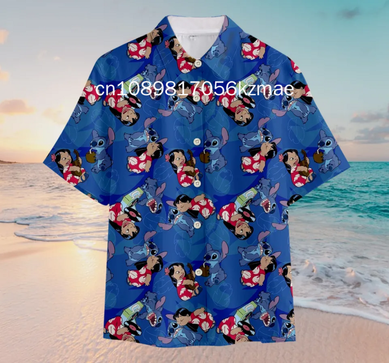 Ohana-camisa hawaiana besándose de Stitch, camisa hawaiana de Disney, camisa de vacaciones de verano, camisa de Surf en la playa, camisa Vintage de moda con botones