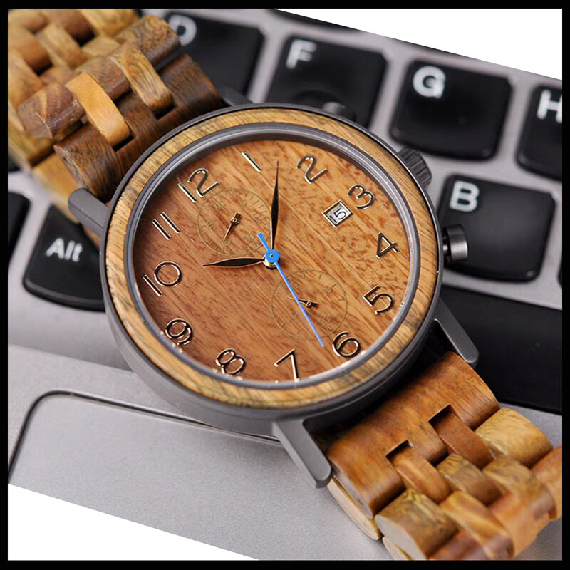 Męski drewniany kwarcowy zegarek sportowy z wyświetlacz analogowy kalendarzem na co dzień zegarek biznesowy, najlepszy prezent na walentynki/rocznica/