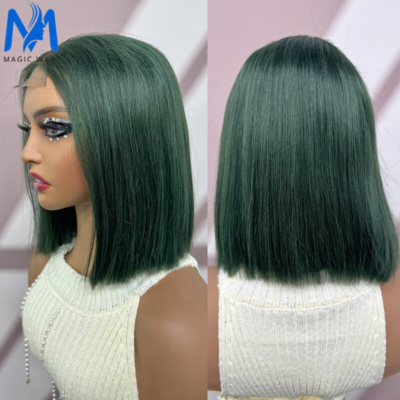 Parrucca di capelli vergini Bob lisci con chiusura in pizzo 2x 6 di colore verde parrucca di capelli umani al 180% parrucca di capelli vergini brasiliani prepizzicati per le donne