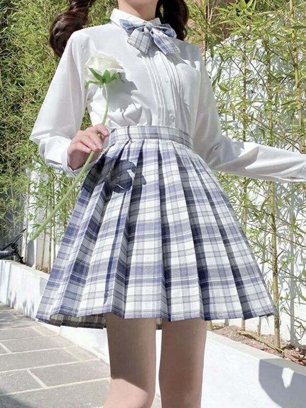 Mini saia plissada xadrez para mulheres, cintura alta, nó arco, meninas preppy, dança, linha A fofa, harajuku, sexy, japão, verão