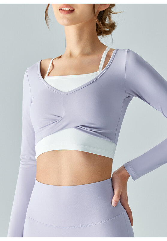New Hanging Neck Fake Two-piece Yoga Long Sleeve Semi-fixed Cup Chest Cross Fold Slim Yoga Top Fitness Clothes