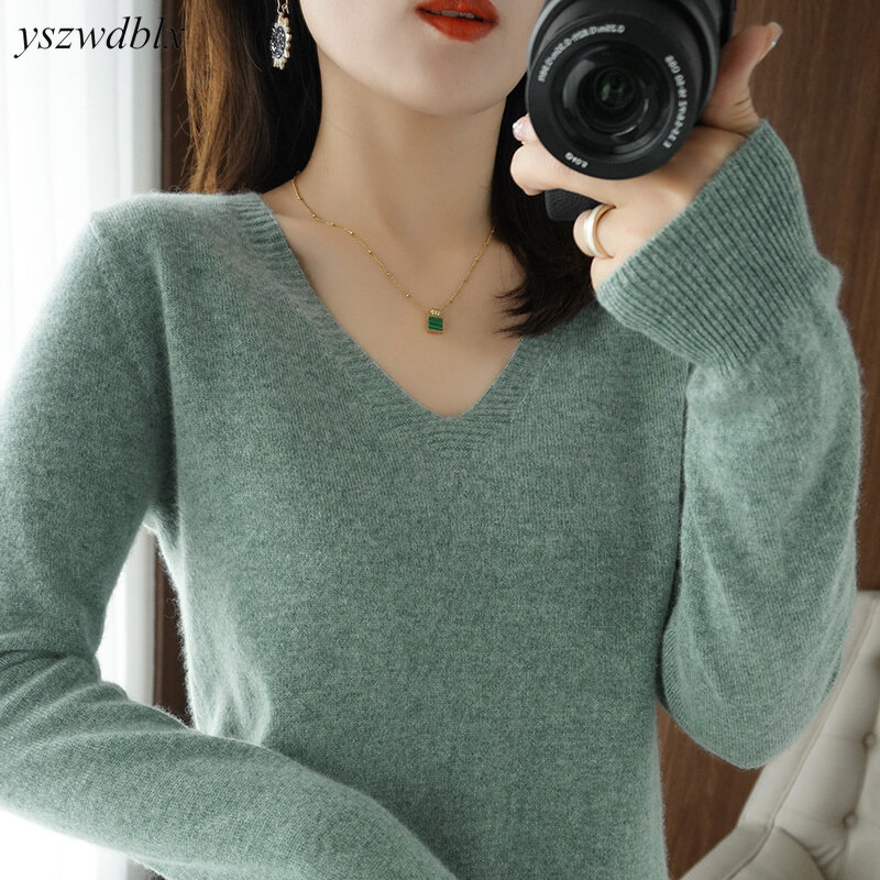 Sweaters Sweater polos leher V wanita, baju Dalaman rajut hangat Musim Semi dan Gugur untuk perempuan