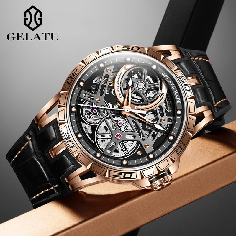 Gelatu-メンズ自動機械式時計,靴ひも付きピンクレザーストラップ,透かし彫り,発光,オリジナルトレンド,トップブランド