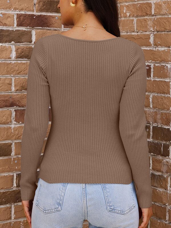 Women Slim Rib Knit Sweater Solid Color Long Sleeve Pullovers Fall Winter V-Neck Jumpers Streetwear