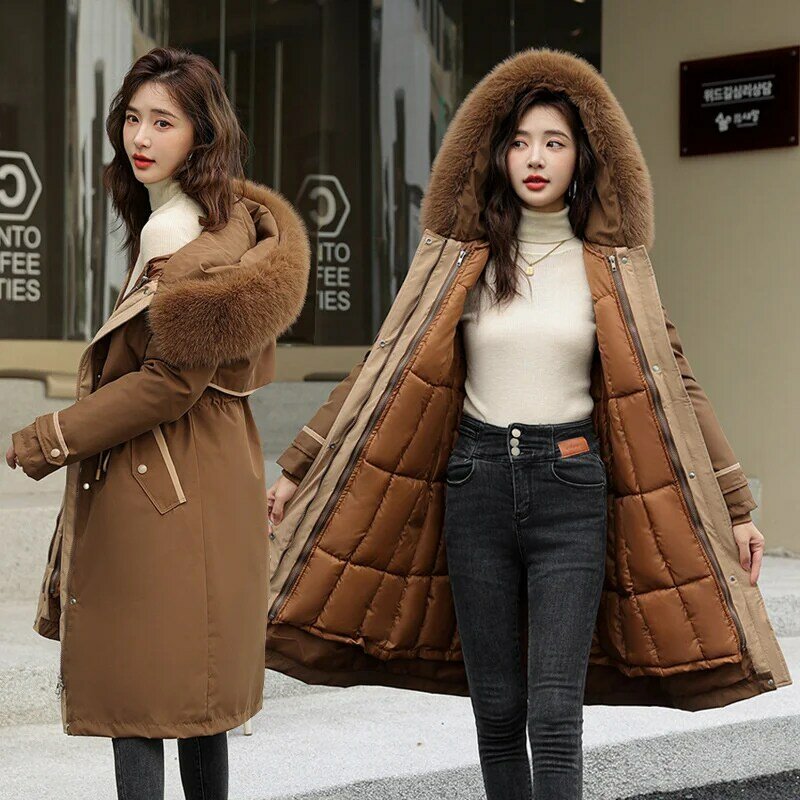 Frauen Parka Winter jacke neue Schnee tragen lange Parkas Pelz Kapuzen jacken weibliches Fell Futter dicken abnehmbaren Puffer mantel