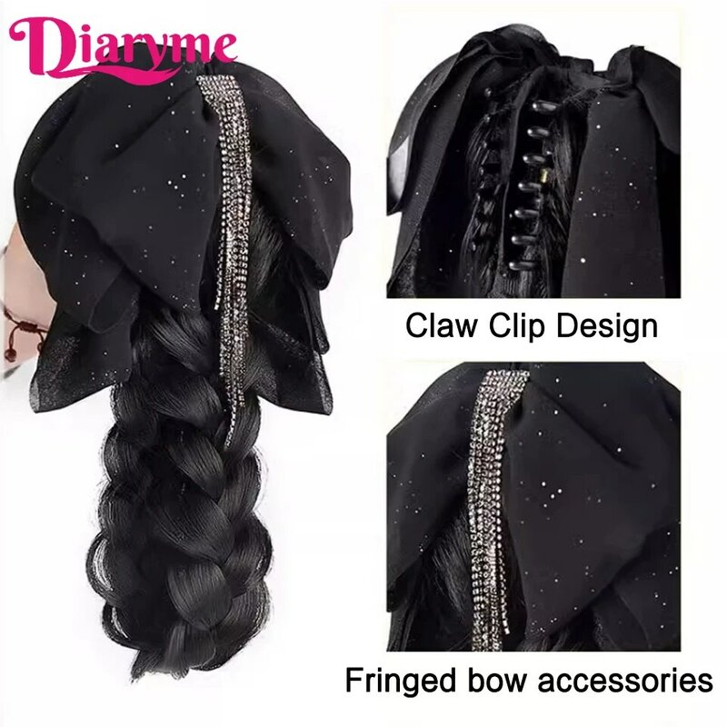 Cakar klip dikepang ponytail Wig wanita rumbai busur rendah ekor kuda alami dikepang rambut sintetis kepang palsu rambut ekstensi