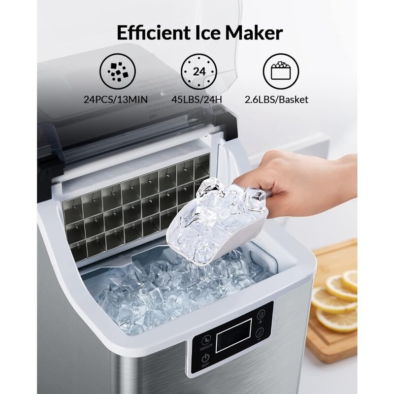 45 фунтов в день, 24 кубика льда за 13 минут, 2 способа добавления воды, автоматическая самоочистка, машина для льда из нержавеющей стали