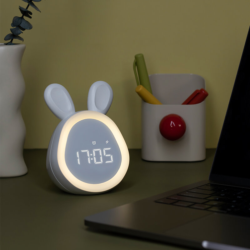 Lâmpada de relógio de coelho bonito dos desenhos animados, Redonda LED Night Light, Tempo infantil, Tempo do estudante, Acorda o sono, Mini relógio inteligente
