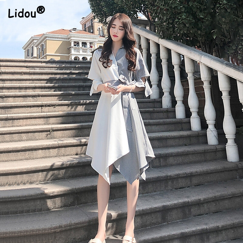 Feminino novo coreano assimétrico retalhos vestido cinto moda cor sólida all-match decote em v senhora escritório simplicidade roupas 2022