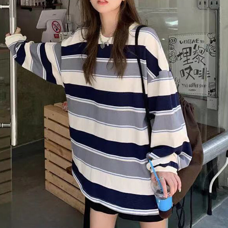 Sudaderas con capucha a rayas para mujer, camiseta de manga larga con cuello redondo, jerséis de moda coreana, Tops informales de gran tamaño Y2k, abrigo