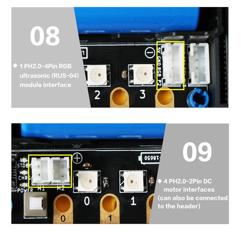 Placa de extensión de venta al por menor para Micro:Bit V2.0, compatible con 8 Servos y 4 motores de CC con receptor infrarrojo integrado y 4 luces RGB
