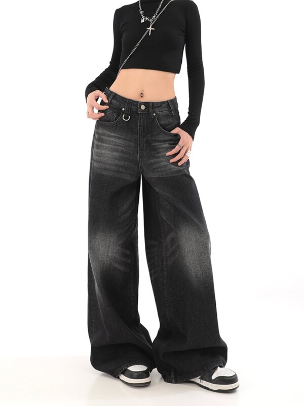 Jean baggy noir vintage pour femme, denim taille haute, jambe large, streetwear féminin respirant, mode coréenne, Grunge Y2k