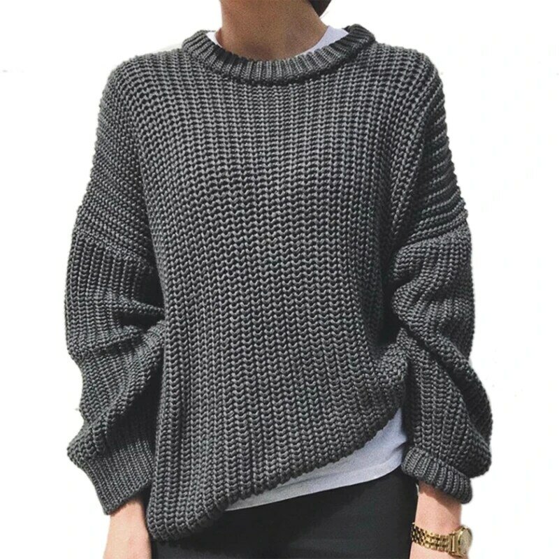Women Long Sleeve Chunky Knitted Sweater O-Neck Solid Color Loose Jumper Tops Dropship