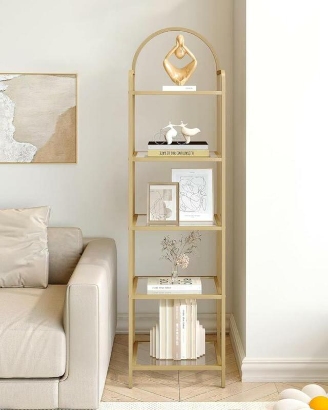 5 Tier Bookcase Bookshelf, Tempered Glass Bookshelves, Slim Shelving Unit for Bedroom, Bathroom, Home Office, Steel Frame, Gold