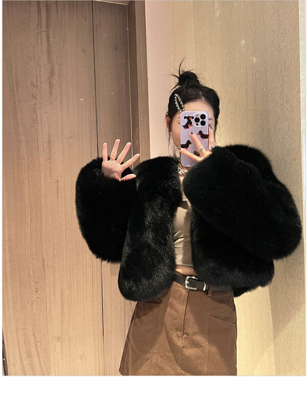 Chaqueta recortada de piel de zorro de imitación para mujer, abrigo corto cálido, chaqueta de piel esponjosa coreana, ropa de invierno, abrigos de moda 2023