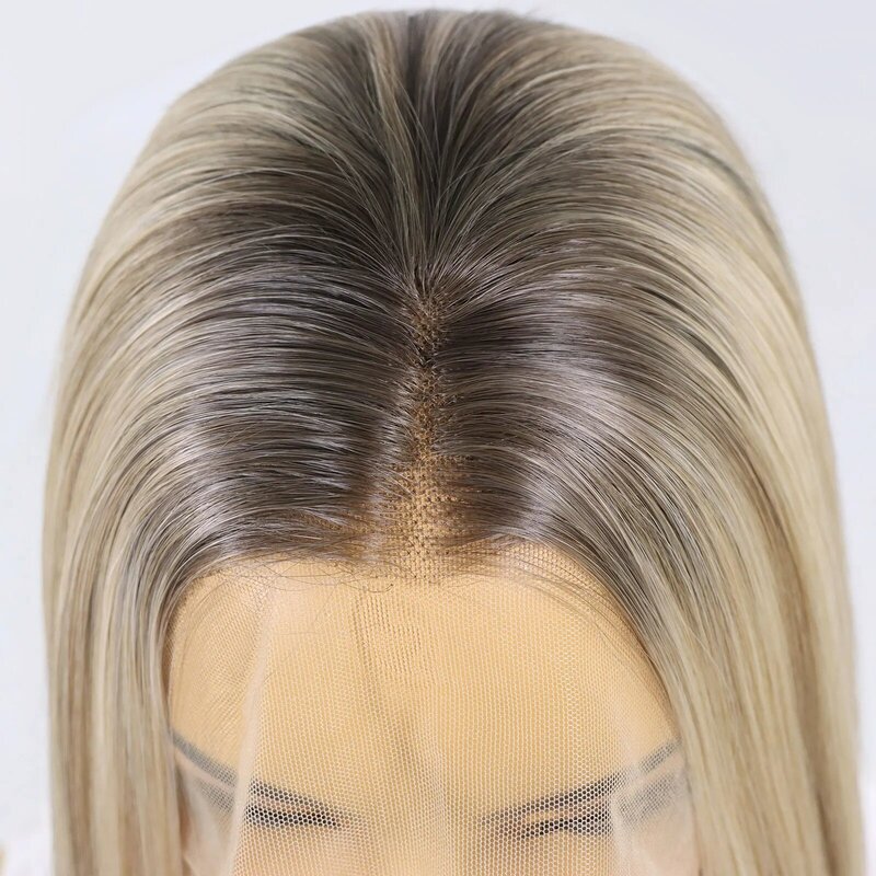Ombre asch blonde Farbe Highlight Perücke kurze gerade Bob synthetische Haar Spitze Front Perücken 13x3 leimlose frontale Spitze Perücken für Frauen