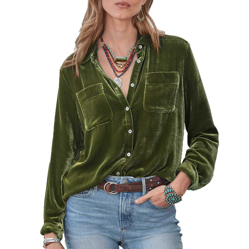 Vintage Style Solid Color Blouse Tops made of Retro Velvet Women\'s Button Down Shirt with Long Sleeves and V neck