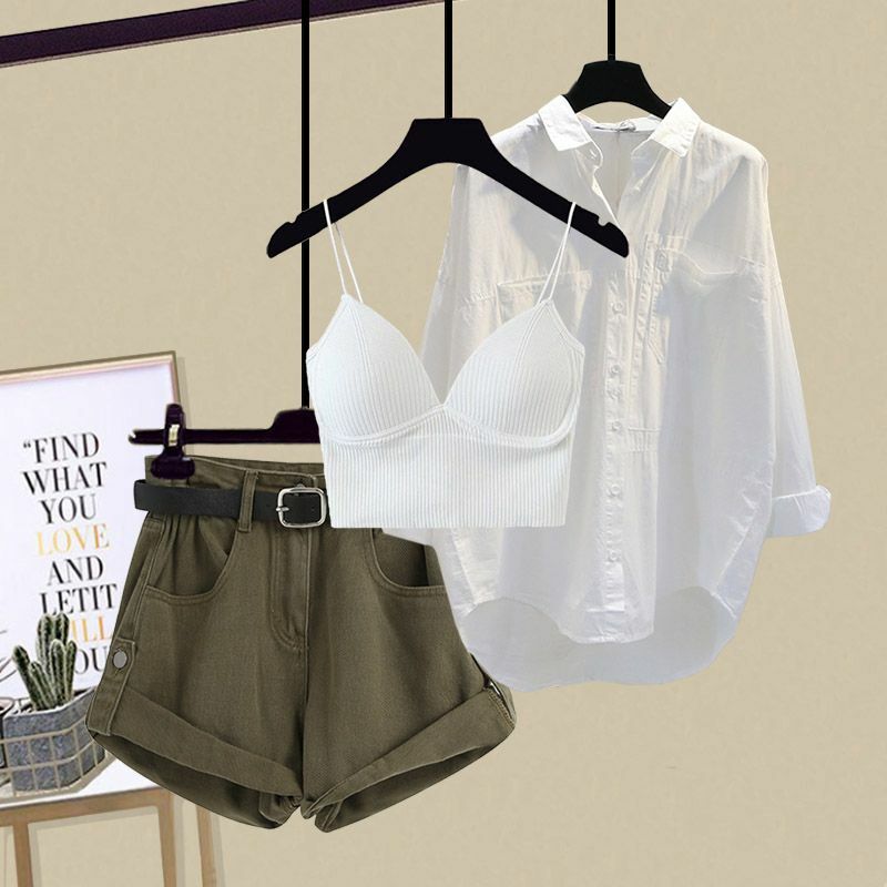 Женский комплект из трех предметов, Повседневная рубашка и шорты на бретельках, в Корейском стиле, весна-лето 2023