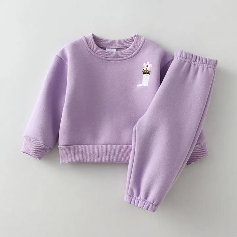 Conjunto de ropa de 2 piezas para bebé y niño, sudadera de lana gruesa bordada, pantalones cálidos, chándal para niño pequeño, primavera e invierno