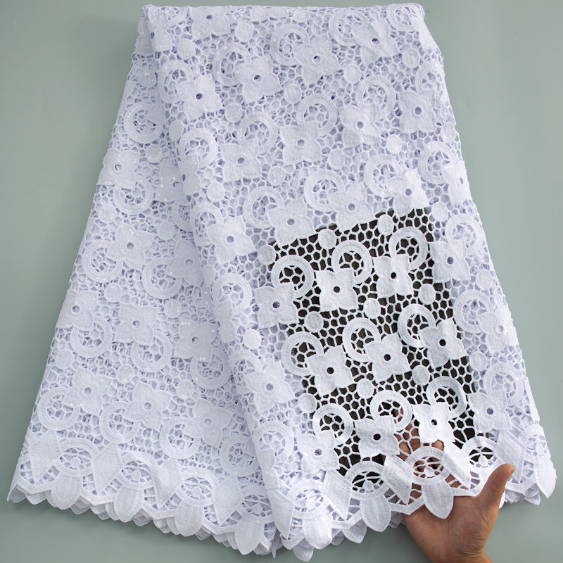 Kain renda Guipure Afrika 2024 payet kualitas tinggi kain renda putih kain Nigeria 5 tali renda Halaman untuk gaun malam A3610