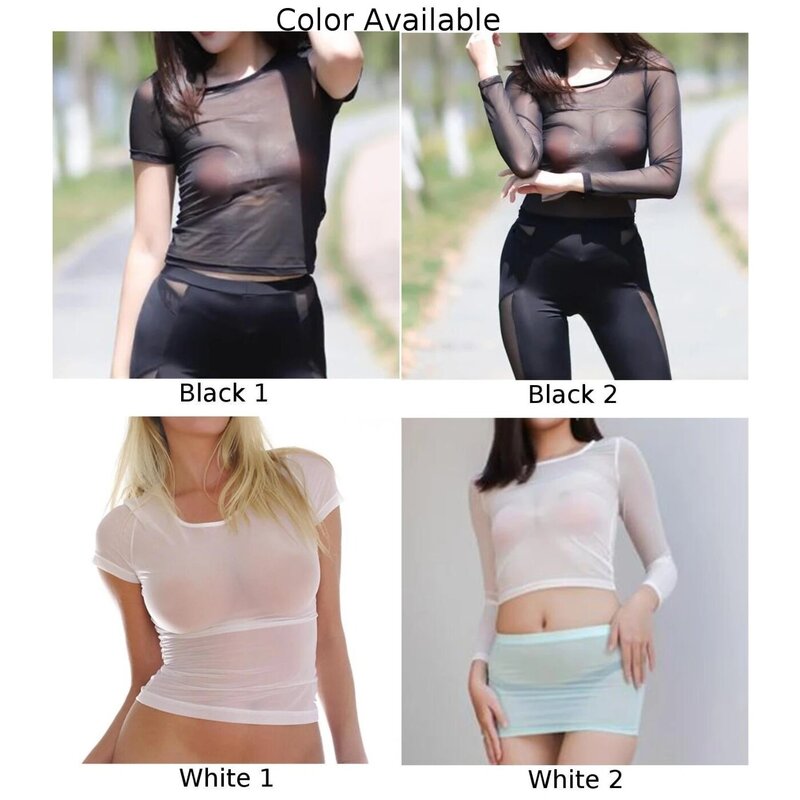 Kaus seksi Crop Top wanita, pakaian dalam transparan Ultra tipis jala tipis baju tidur Streetwear ramping tembus pandang untuk wanita
