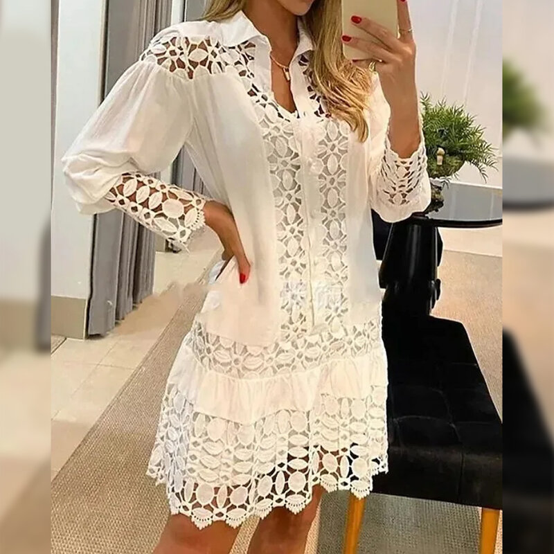 Sexy Women\'s Hollow Out Lace Dresses Solid Color Single Breasted Splicing Long Sleeve Cutout Shirt Female Dress Clothing