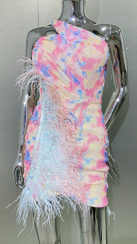 Женское вечернее платье с блестками, разноцветное облегающее платье мини на одно плечо с перьями, роскошное платье для причастия, лето