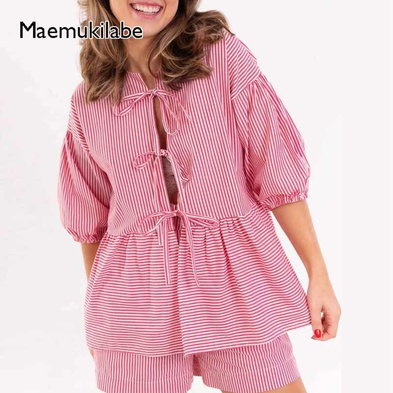 Женский костюм Maemukilabe из 2 предметов, блузка в клетку с принтом в полоску, с пышными короткими рукавами спереди, рубашка + шорты, уличная одежда для отпуска