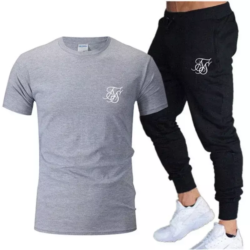 Setelan kasual olahraga pria, kaus + celana kasual 2 potong pakaian olahraga kebugaran pria Musim Panas 2024