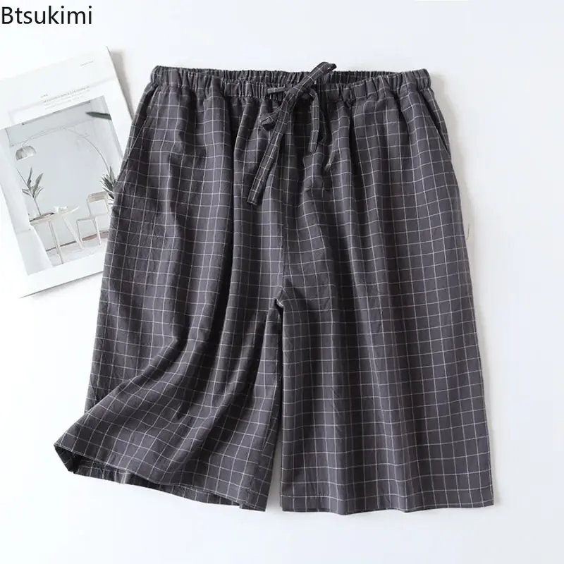 남성용 일본 스타일 격자 무늬 캐주얼 수면 반바지, 100% 코튼 홈웨어, 통기성 이중 레이어 수면 하의, 새로운 패션