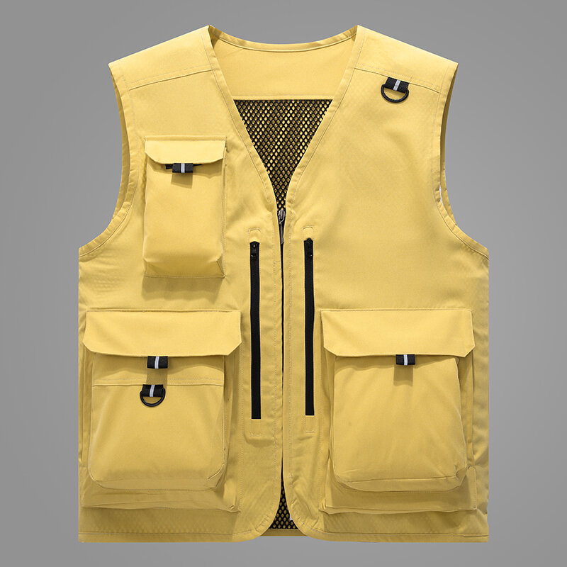 Colete tático multi bolso masculino, jaqueta de fotografia respirável, jaqueta de pesca, moda casual, versátil, monocromático, malha, ferramental, verão