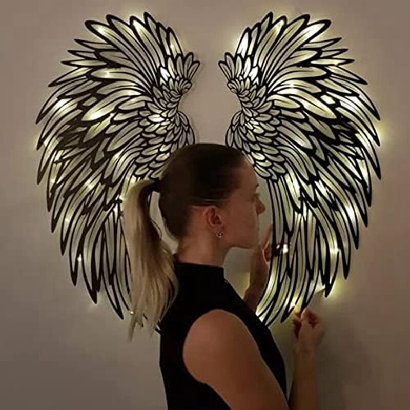 Decoración de pared de ala de Ángel de hierro, escultura de pared de ala de Ángel LED, arte de ala brillante, colgante de pared para interiores y exteriores