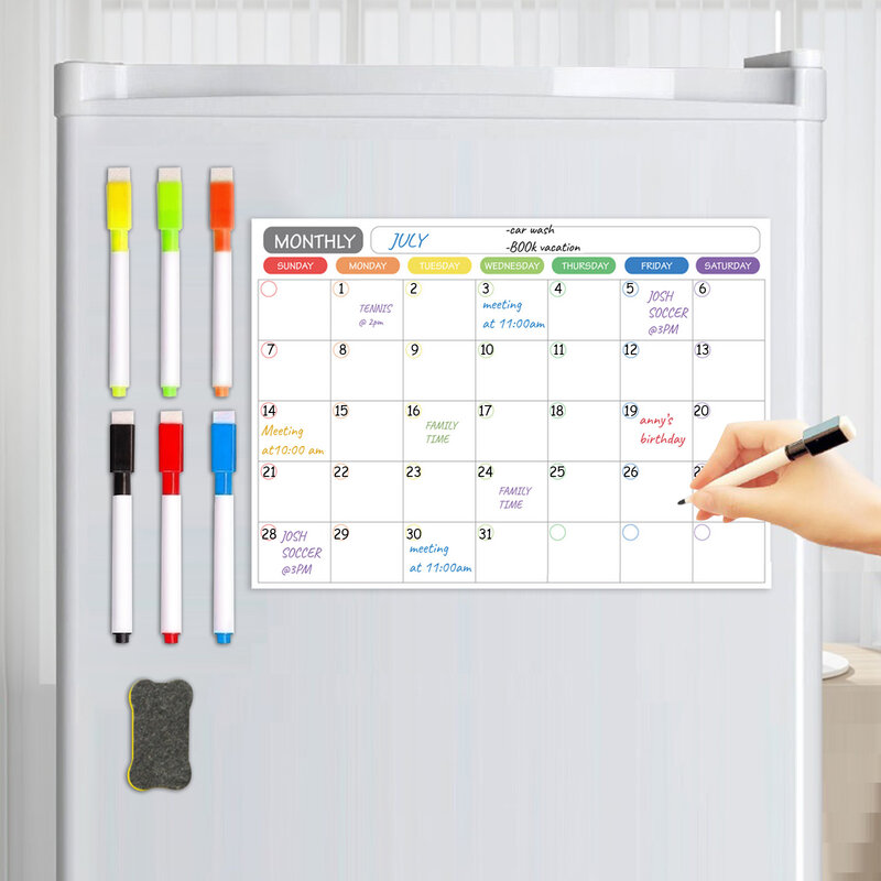 Magnetic Calendar Daily Weekly Monthly Planner Dry Erase Board Refrigerator Message Board with 6 Markers 1 Eraser 40x30cm