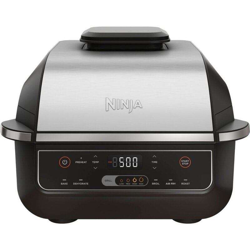 Electric Grills, 6-in-1 Countertop Indoor Grill with 4-quart Air Fryer, Roast, Bake, Broil, Dehydrate - Black/Stainless Steel