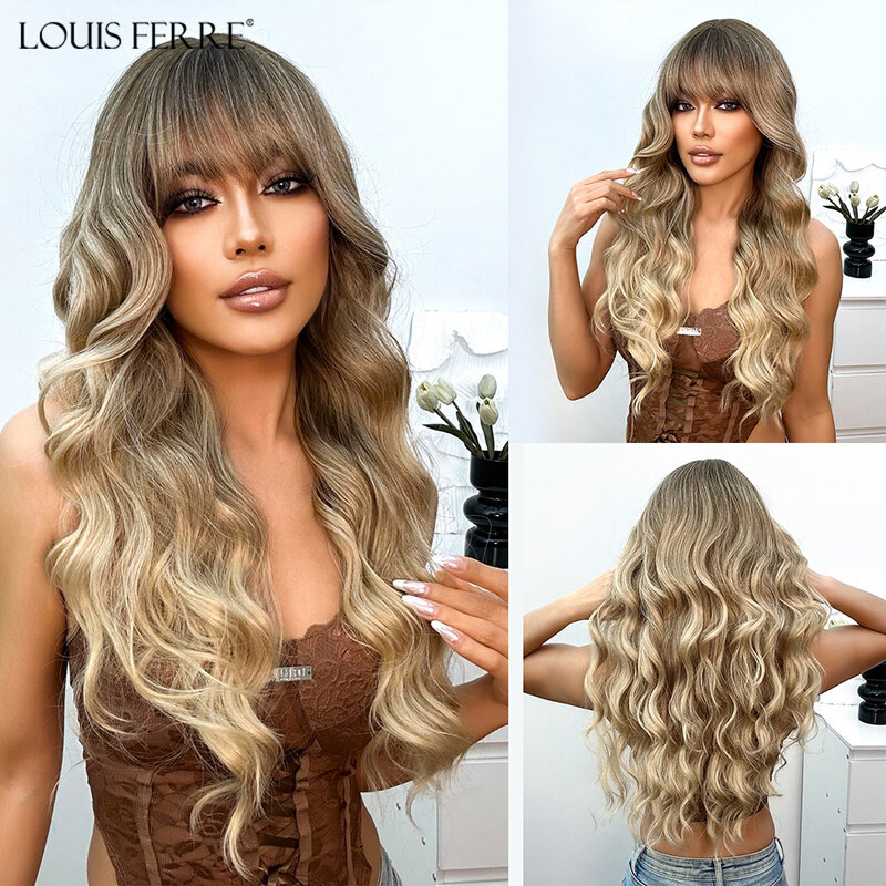 Длинные волнистые синтетические парики LOUIS FERRE для женщин, коричневые блонд Омбре парики для всех случаев, натуральные модные парики с челкой