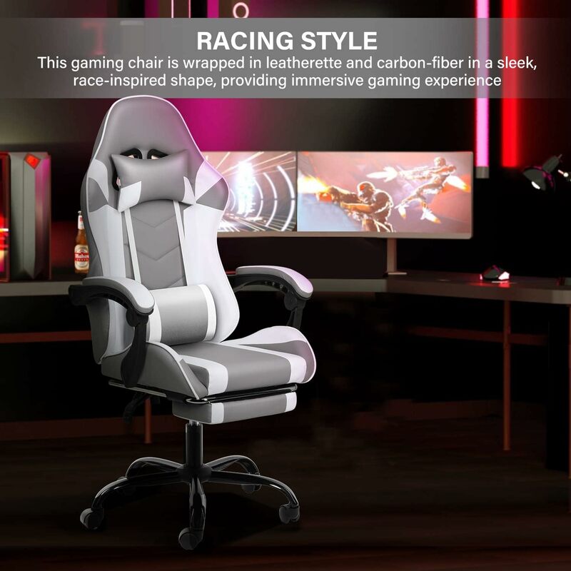 흰색 크고 키 큰 게이머 의자, 레이싱 스타일 조정 가능한 회전 사무실 의자, 머리 받침대 및 요추 지지대 포함 인체 공학적 비디오