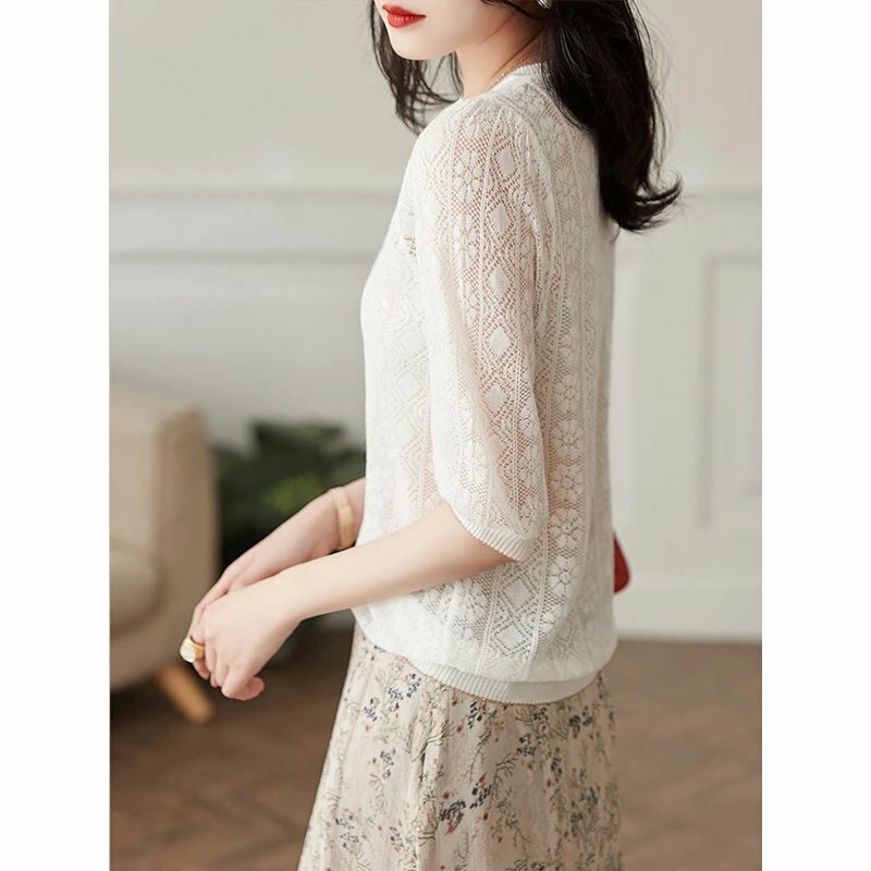 New Summer Hollow Out Short Sleeve Sweater Women Knitted T Shirt Chic Pullover Loose Top Female Casual Solid All-match Basic Tee