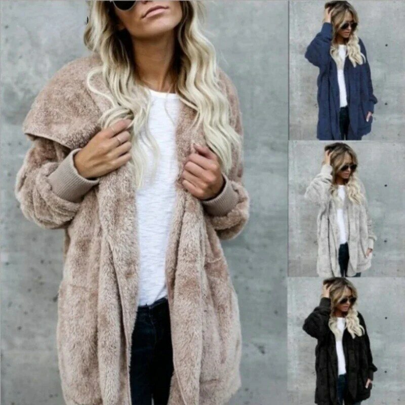 Женское пальто из искусственного меха, Осень-зима 2022, теплая мягкая искусственная верхняя одежда, плюшевое пальто с карманами и капюшоном