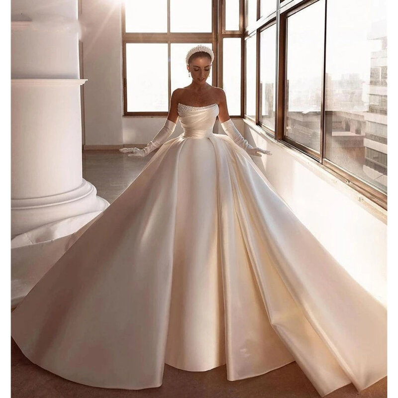 Gaun pengantin wanita Boho mewah tanpa sarung tangan gaun pengantin permukaan Satin indah panjang pel gaun pengantin putri