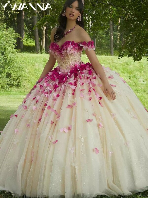 Kolorowy kwiat 3D Quinceanrra suknie balowe wdzięczny z ramienia księżniczka długa błyszczące cekiny słodka sukienka 16 Vestidos