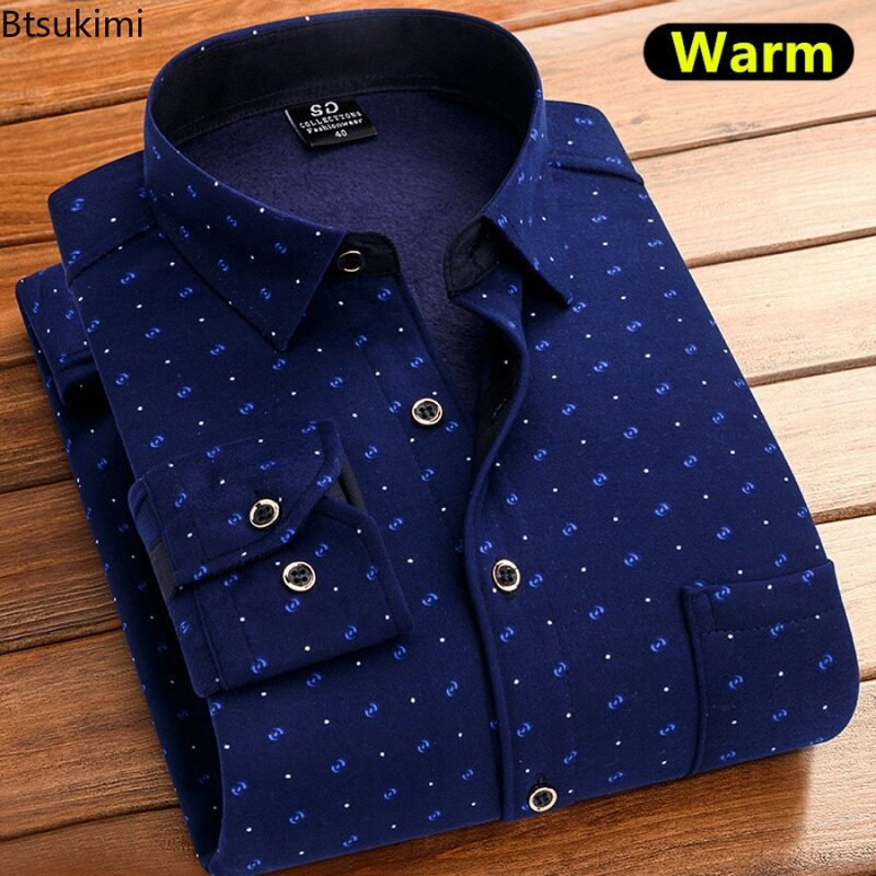 Camisas masculinas grossas casuais de manga comprida xadrez quente, camisa de lã masculina moda outono, inverno, camisas formais de escritório, 2024