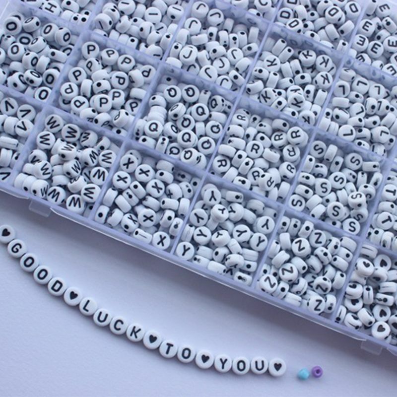 1600Pcs 28 Acrylic White Round Beads Black A-Z Letter Heart Pattern for DIY Bracelet Necklace for Key Chain N7YD
