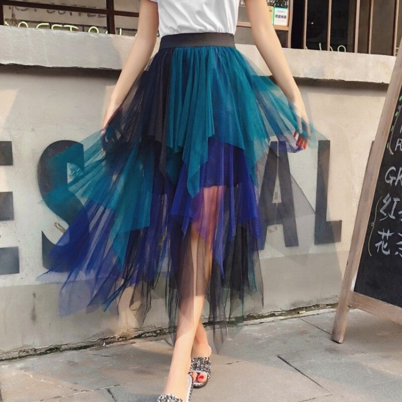 Y2K Patchwork Tulle Skirts Women High Waist Irregular Mesh A Line Midi Skirt Korean Elegant Asymmetrical Pleated Skirts