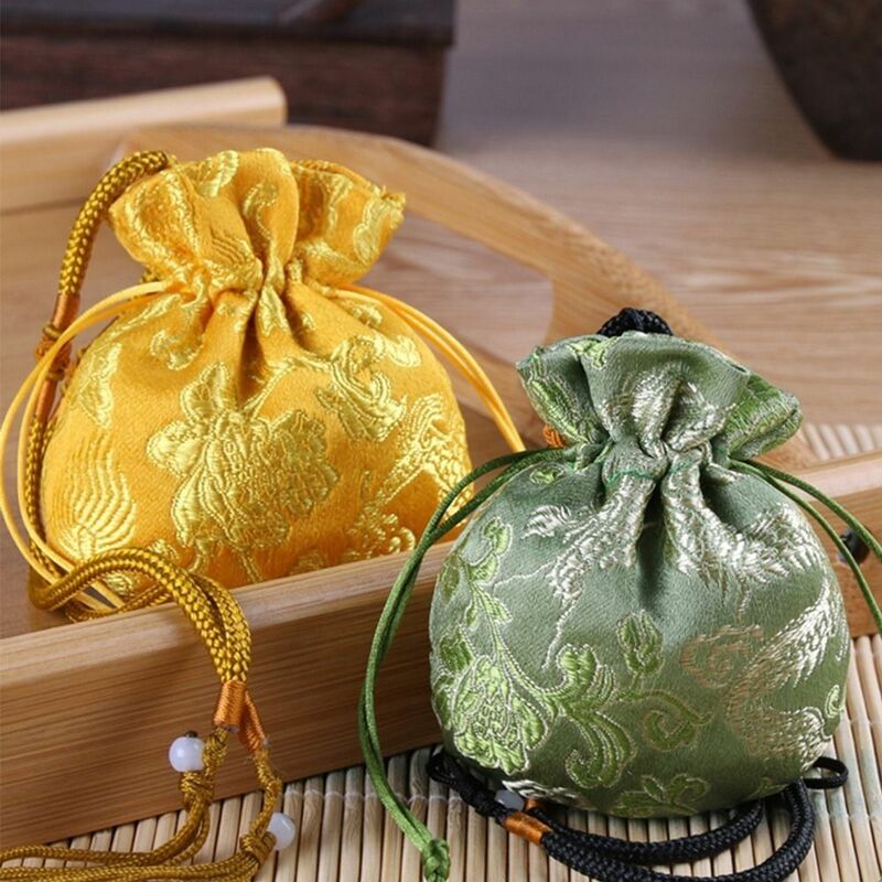 Saco de armazenamento estilo chinês para mulheres, saquinho padrão dragão, bolsa de jóias, bolsa bolsa, pano multicolorido, colares